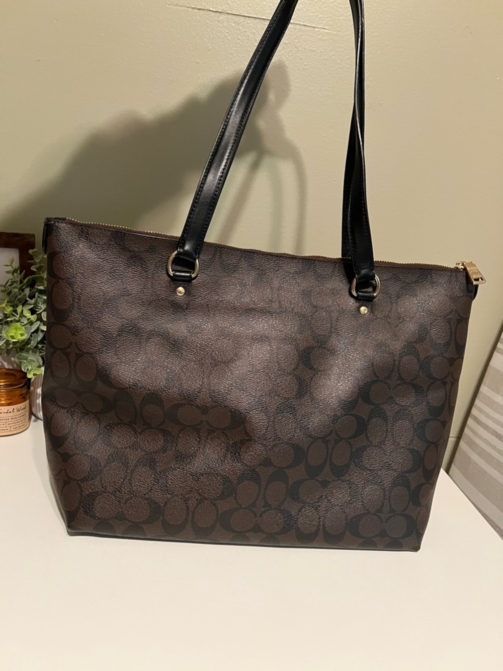 COACH Dark Brown Signature Canvas Tote with Black Straps - Picture 4 of 9